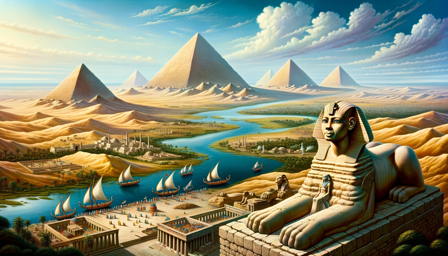 Illustration of a panoramic scene from ancient Egypt. The vast desert landscape is punctuated by the imposing pyramids, their peaks almost touching the clear blue sky. A large sphinx, with the body of a lion and the head of a pharaoh, watches over the land. The Nile River, teeming with life, flows serenely, and on it, boats with colorful sails carry merchants who exchange spices, fabrics, and other treasures.