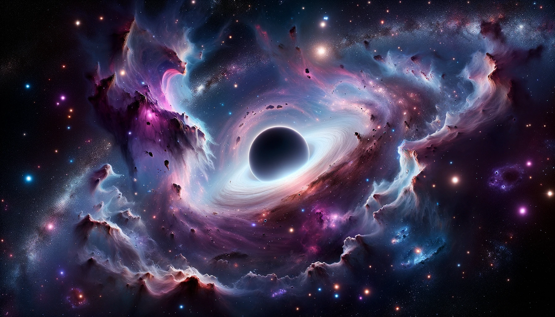 Digital render of a galaxy teeming with wonders. The backdrop is dotted with stars of varying sizes and brightness. Nebulae, looking like cosmic clouds, display a ballet of colors, predominantly in purple and blue hues. The center of this vast expanse is dominated by a massive black hole, its event horizon almost palpable. Adding to the scene's complexity, an alien planet with radiant rings orbits, its surface potentially harboring life.