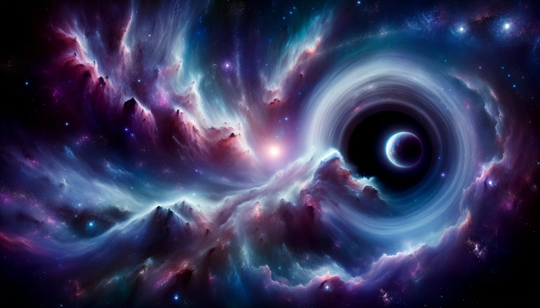 Artistic depiction of the vastness of space, where a galaxy unveils its secrets. Nebulae, their forms fluid and ever-changing, shine in shades of violet and cerulean blue. These cosmic structures surround a central black hole, its size and power beyond comprehension. In this majestic setting, an alien planet, distinguishable by its shimmering rings, orbits, suggesting tales of extraterrestrial civilizations and cosmic adventures.