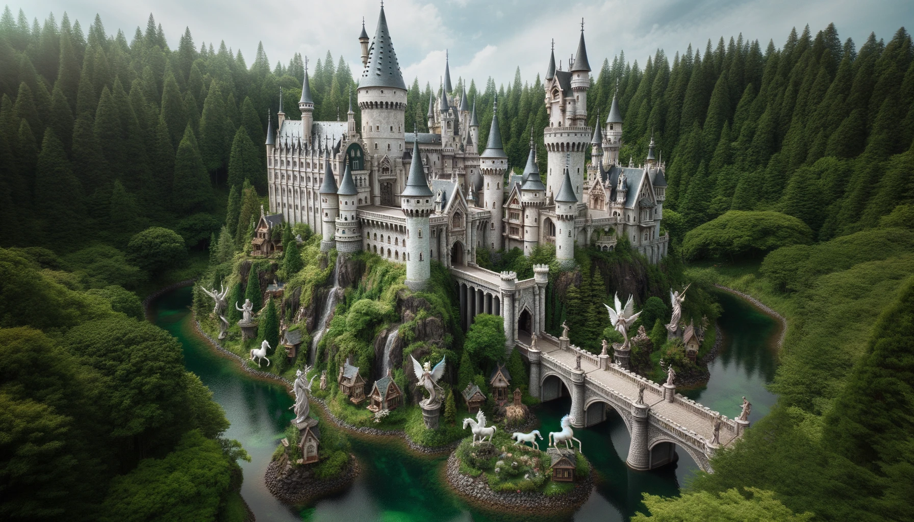 Photo of a grand medieval castle, its towers and turrets reaching for the sky. The castle is perched on a hill, overlooking the land below. Encircling it is a dense forest, where the trees seem to have a life of their own. Amongst the greenery, magical creatures like unicorns with shimmering manes and fairies with delicate wings can be seen. A deep moat, filled with clear water, protects the castle. A sturdy stone bridge, adorned with statues, provides passage to the castle's ornate gates.