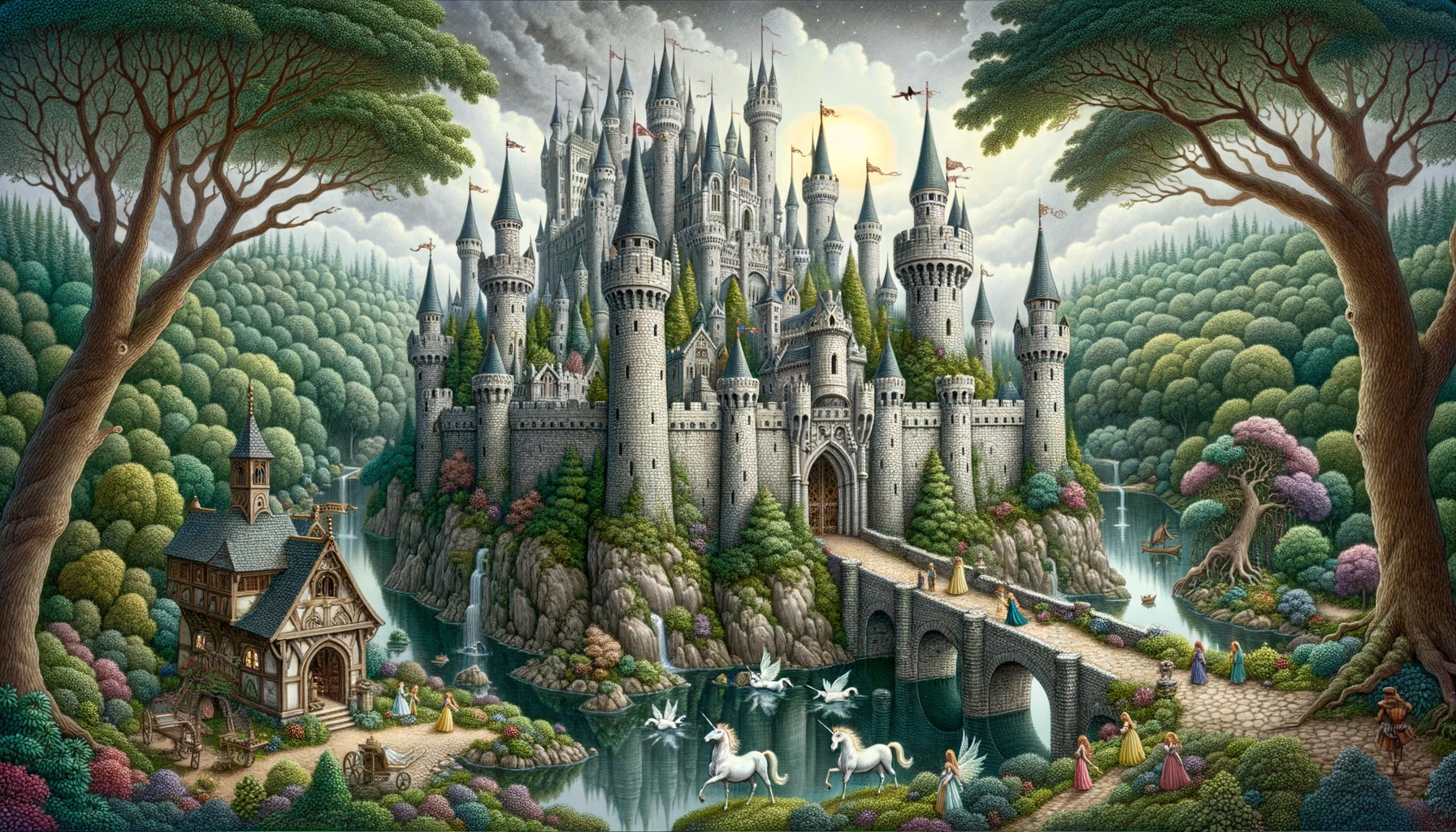 Illustration of a scene from a fairy tale. Dominating the landscape is a majestic castle, its walls built from gray stones and its towers adorned with flags. The castle is set on an elevated terrain, and surrounding it is an enchanted forest, where every tree and shrub seems to whisper secrets. Hidden in the foliage, unicorns graze peacefully, and fairies flit about, their glow lighting up the surroundings. A moat, its waters reflecting the castle, acts as a barrier, and a stone bridge, with intricate carvings, connects the outer world to the castle entrance.