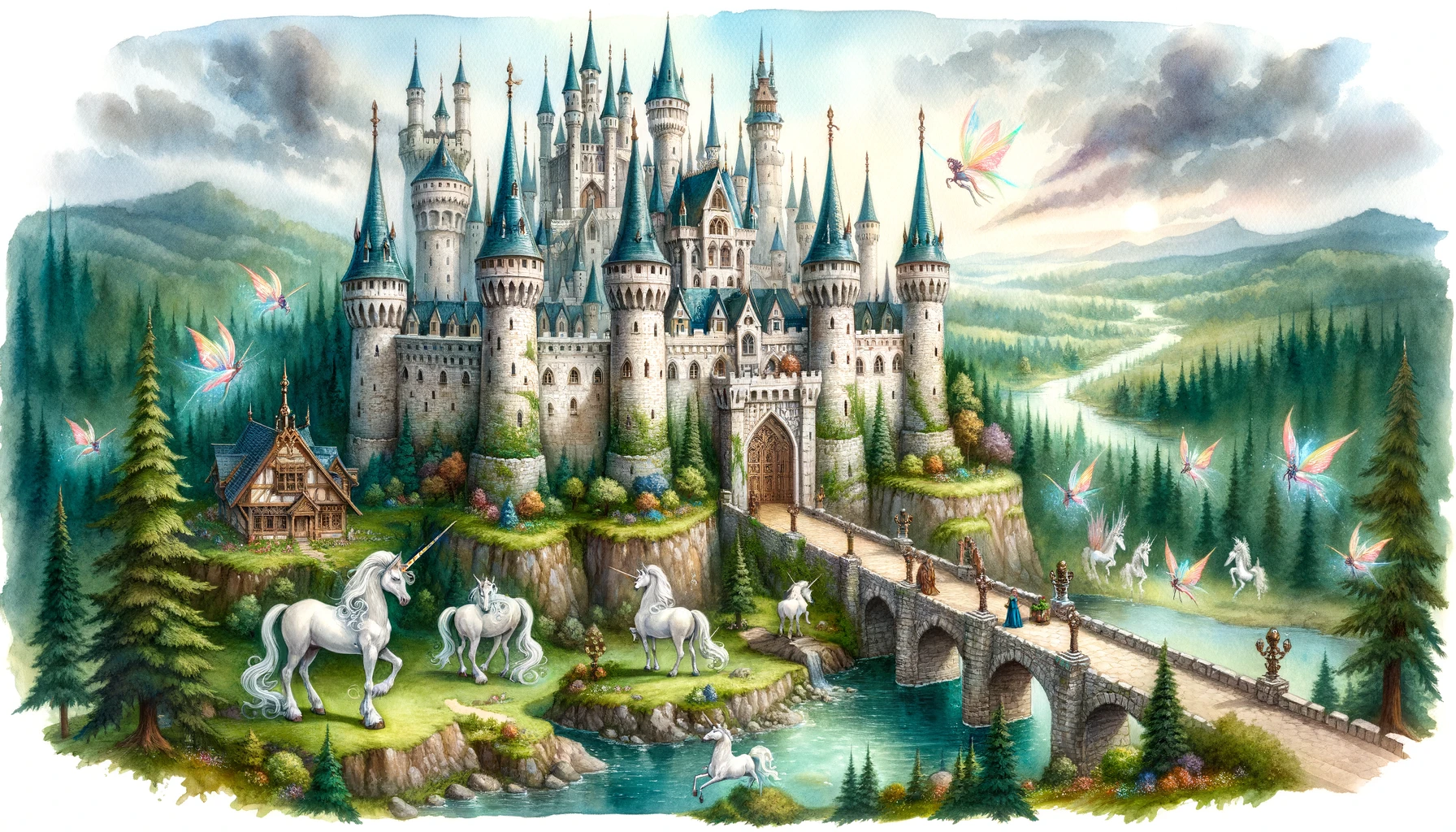 Watercolor painting of a medieval realm. A castle, grand and imposing, stands tall on a hill. Its spires and battlements tell tales of knights and battles. The landscape around is lush, with a forest that seems alive with magic. Unicorns, with their spiral horns, roam freely, and fairies, with their luminescent wings, dance in the air. A wide moat, perhaps home to more magical creatures, encircles the castle, and a stone bridge, guarded by statues, leads to the main gates.