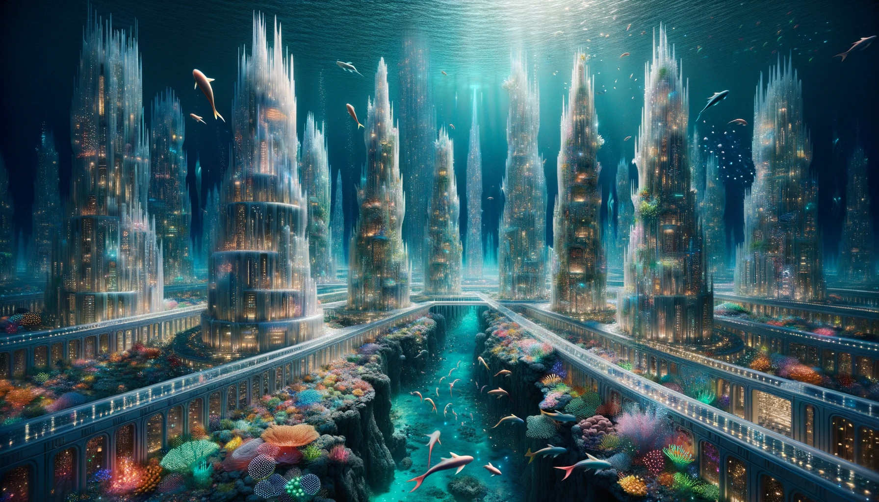 Photo of an underwater metropolis, where architecture meets nature in harmony. Towering palaces made of shimmering crystals dominate the cityscape, reflecting the ambient light. Bioluminescent creatures, ranging from tiny plankton to larger marine beings, provide a natural illumination, casting a serene glow. Merfolk, with their colorful tails and graceful movements, swim amidst coral gardens that bloom in a riot of colors. A network of transparent tunnels, reinforced with unique underwater materials, connects the different city domains, allowing safe passage for its inhabitants.