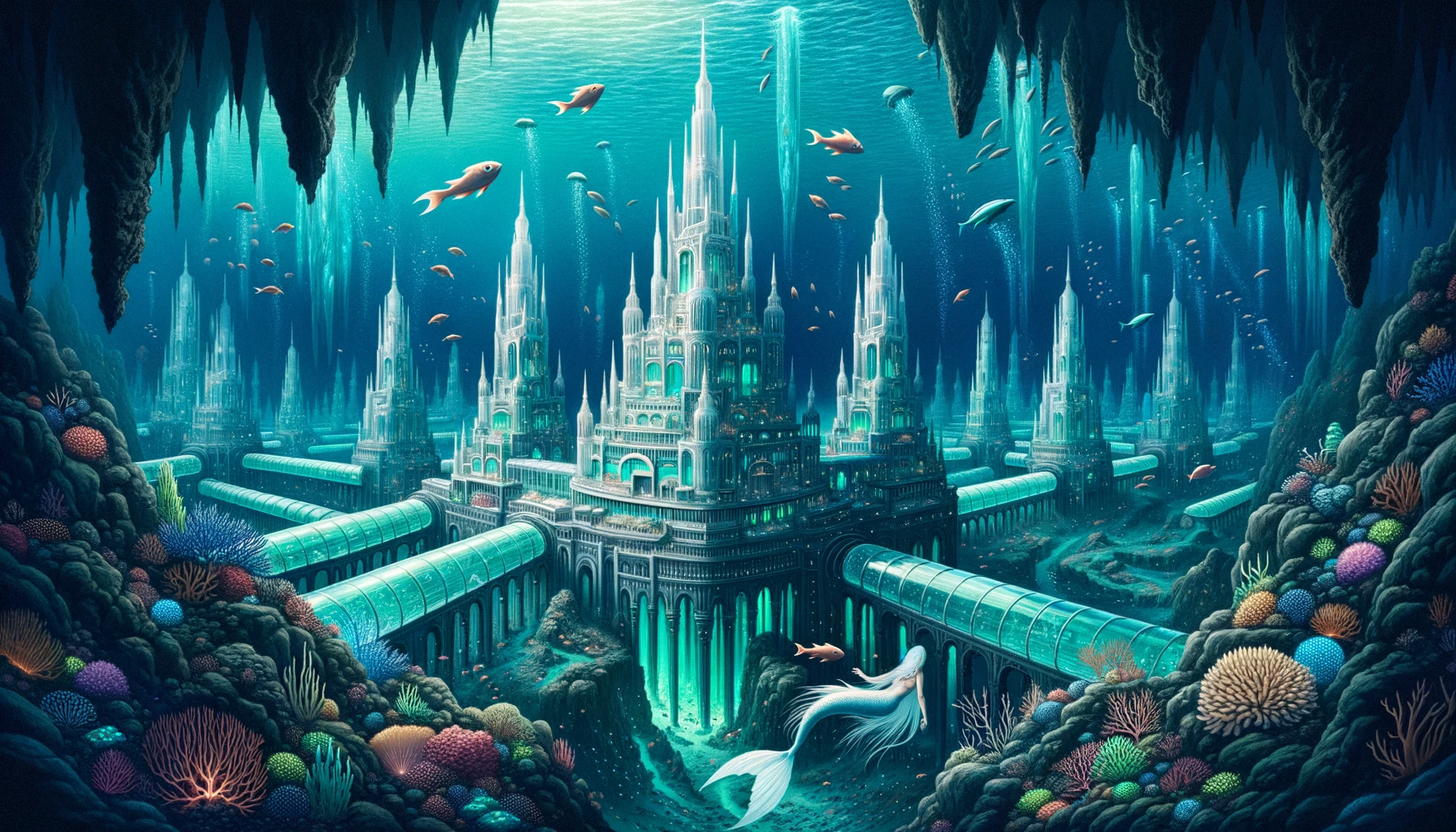 Illustration of a city submerged beneath the ocean's surface. Crystal palaces, with spires that touch the sea's ceiling, stand as a testament to the city's grandeur. The city's light source comes from bioluminescent creatures, their glow painting the underwater world in shades of blue and green. Merfolk, representing the city's populace, swim with elegance, their paths often taking them through lush coral gardens. Transparent tunnels, like arteries, connect the city's various sections, ensuring connectivity and communication.