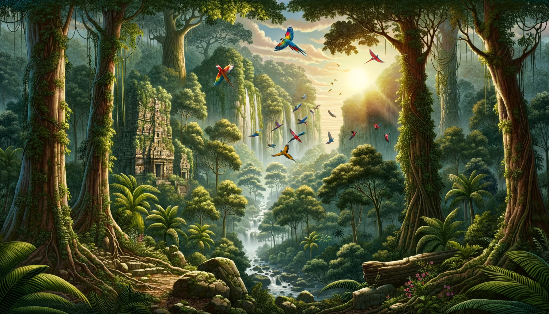 Illustration of a dense rainforest with towering trees and thick undergrowth. As the sun rises, its rays pierce through the canopy, revealing flocks of colorful parrots soaring in the sky. The sounds of water can be heard, and in the distance, multiple waterfalls flow down rocky cliffs. Hidden amongst the vegetation, an old temple with intricate carvings stands, suggesting tales of an ancient civilization.