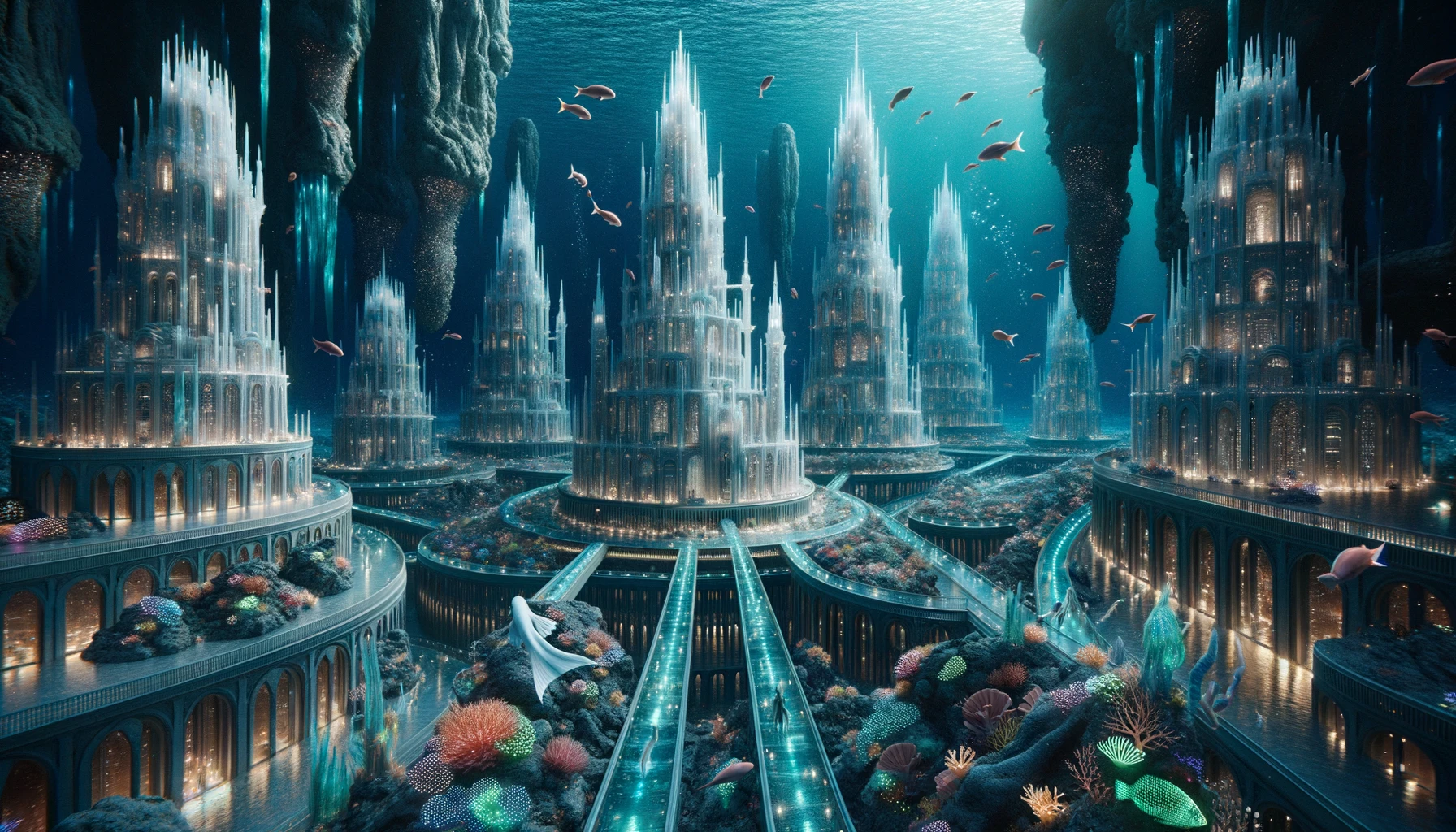 Digital render of a fantastical underwater city. Palaces, built with crystals that seem to capture and amplify light, stand tall and proud. The darkness of the deep sea is kept at bay by the myriad of bioluminescent creatures, each contributing to the city's illumination. Merfolk, with their humanoid torsos and fish-like tails, navigate the city with ease, often stopping to admire coral gardens that act as natural art installations. The city's infrastructure boasts transparent tunnels, allowing for swift and scenic commutes between different areas.