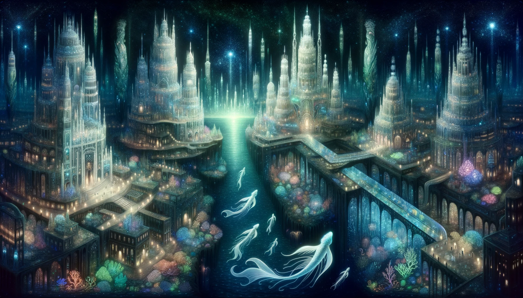 Artistic depiction of a city deep under the sea. Majestic crystal palaces, their designs intricate and mesmerizing, form the city's skyline. Bioluminescent beings, both flora and fauna, ensure that the city is never in darkness, their radiant light creating a dreamy ambiance. Merfolk, the city's residents, swim with poise and purpose, their lives intertwined with the city's rhythm. Connecting the various palaces and domains are transparent tunnels, acting as both transport routes and viewing galleries for the wonders of the deep.