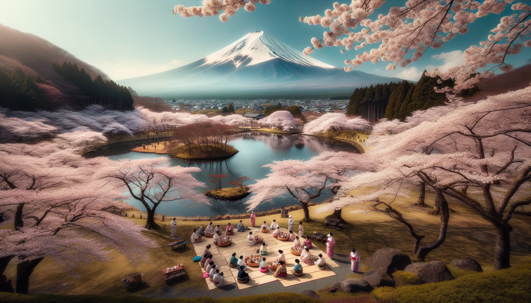 Photo of a picturesque scene in Japan during sakura season. The foreground is adorned with cherry trees, their branches laden with pale pink blossoms that seem to paint the landscape. Nestled in the distance is Mount Fuji, its snow-capped peak standing in stark contrast to the softness of the blossoms. A tranquil pond sits nearby, its waters mirroring the sakura trees and the mountain's reflection. Local folks, wearing traditional attire, spread out picnic mats and enjoy the beauty of nature, creating a harmonious blend of culture and nature.