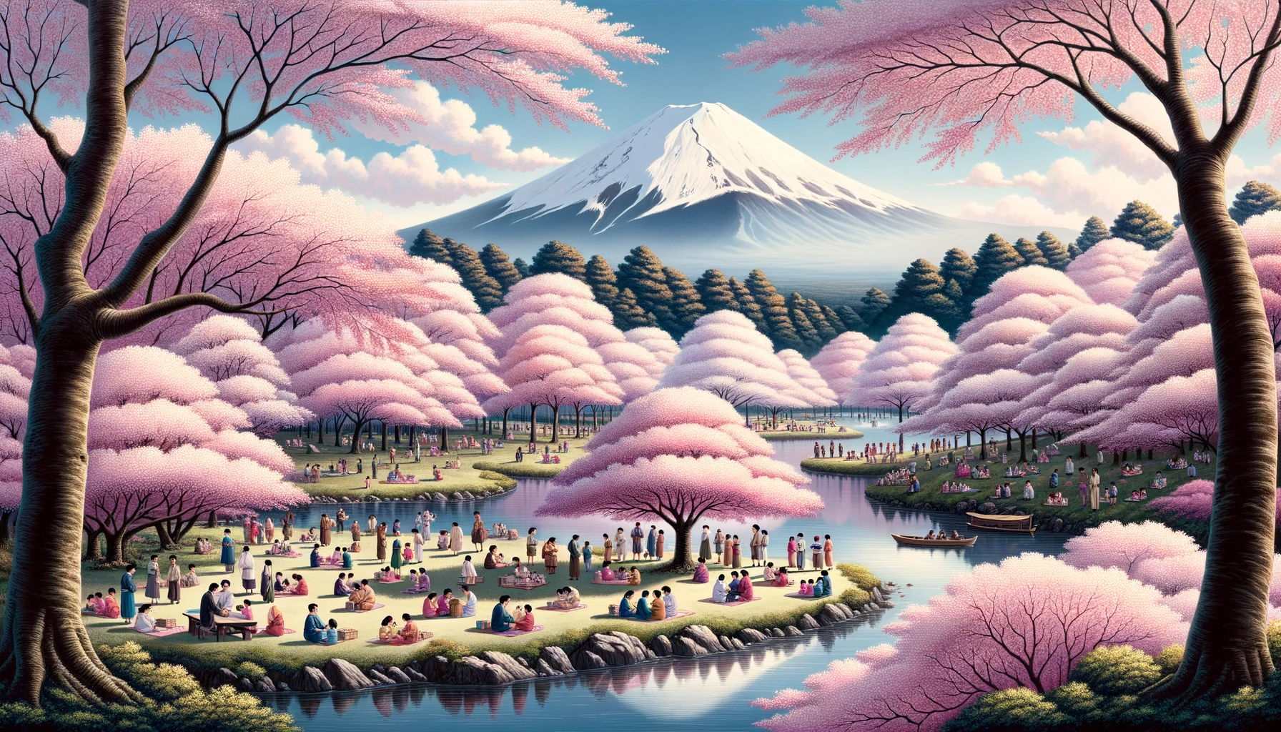 Illustration of a serene Japanese landscape during cherry blossom season. Sakura trees, in full bloom, create a canopy of pink, under which families and friends gather for picnics. Their laughter and conversations add a lively dimension to the otherwise tranquil setting. Dominating the horizon is the iconic Mount Fuji, its grandeur amplified by the delicate blossoms in the foreground. A pond, calm and still, captures the reflections of the trees and the mountain, adding depth to the scene.