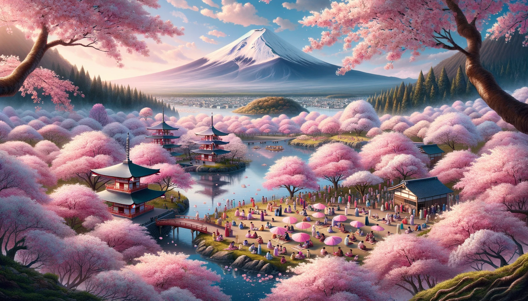 Digital art of a sakura festival in the heart of Japan. The land is awash with the pink hue of cherry blossoms, their fragrance filling the air. Mount Fuji, with its iconic shape, serves as a backdrop, adding to the scene's allure. A pond, nestled among the trees, reflects the sky, the blossoms, and the mountain, creating a picture-perfect setting. Local folks, some in kimonos, enjoy picnics under the sakura canopy, their joy evident in their smiles and laughter.