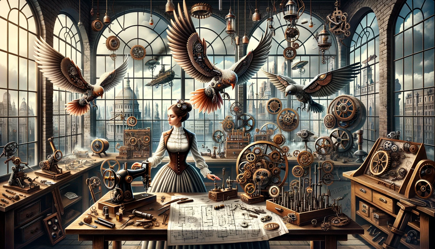 Illustration of a steampunk-inspired workshop. The heart of this space is the inventor, a woman with a flair for the dramatic, her attire a blend of Victorian and industrial elements. Mechanical birds, their designs both beautiful and functional, hover around her, perhaps her latest creations. The table she works on is a maze of blueprints, gears, and parts, suggesting countless projects in progress. Behind her, a window frames a city in its industrial prime, with tall buildings and flying machines defining the landscape.