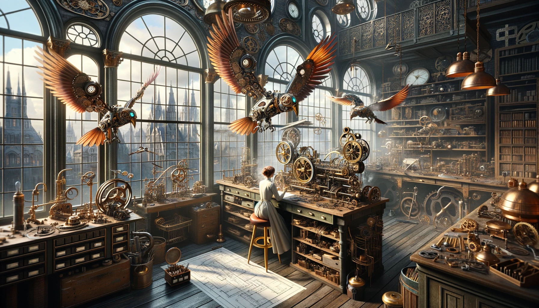 Digital render of a unique workshop, where creativity meets steampunk. The inventor, a woman with a keen eye for detail, is deeply immersed in her work. Her companions, mechanical birds with brass and copper finishes, fly in synchronized patterns. Her workspace is a testament to her dedication, with every inch covered in blueprints, mechanical parts, and tools. A large window, with ornate ironwork, offers a glimpse into a Victorian city, where steam-powered vehicles navigate the busy streets and the skyline is dotted with tall structures.