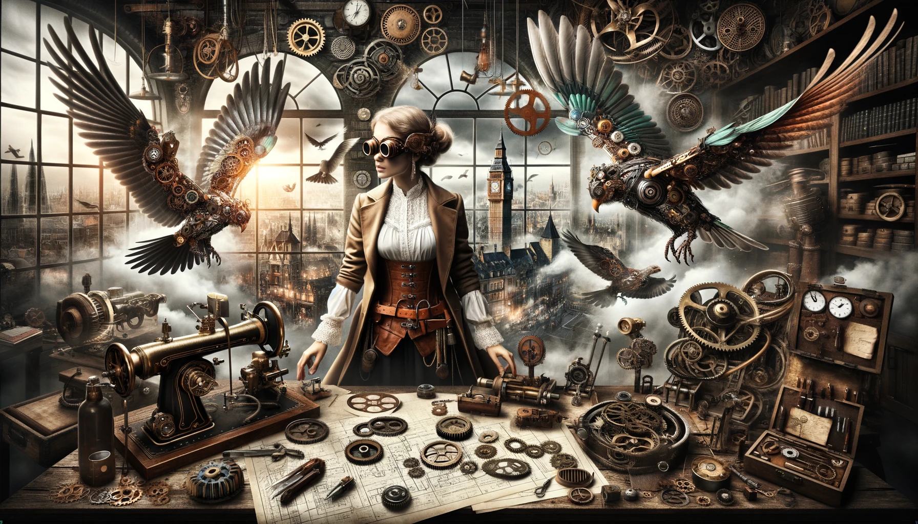 Artistic depiction of a world where steampunk reigns supreme. At the center is the inventor, her passion evident in her attire, complete with leather belts, brass accessories, and protective goggles. Her creations, mechanical birds with detailed feather patterns, fly around, showcasing her expertise. Her work table, chaotic yet organized, holds blueprints, gears, and various components. The ambiance of the workshop is enhanced by a window, through which one can see a bustling Victorian city, its energy palpable even from a distance.