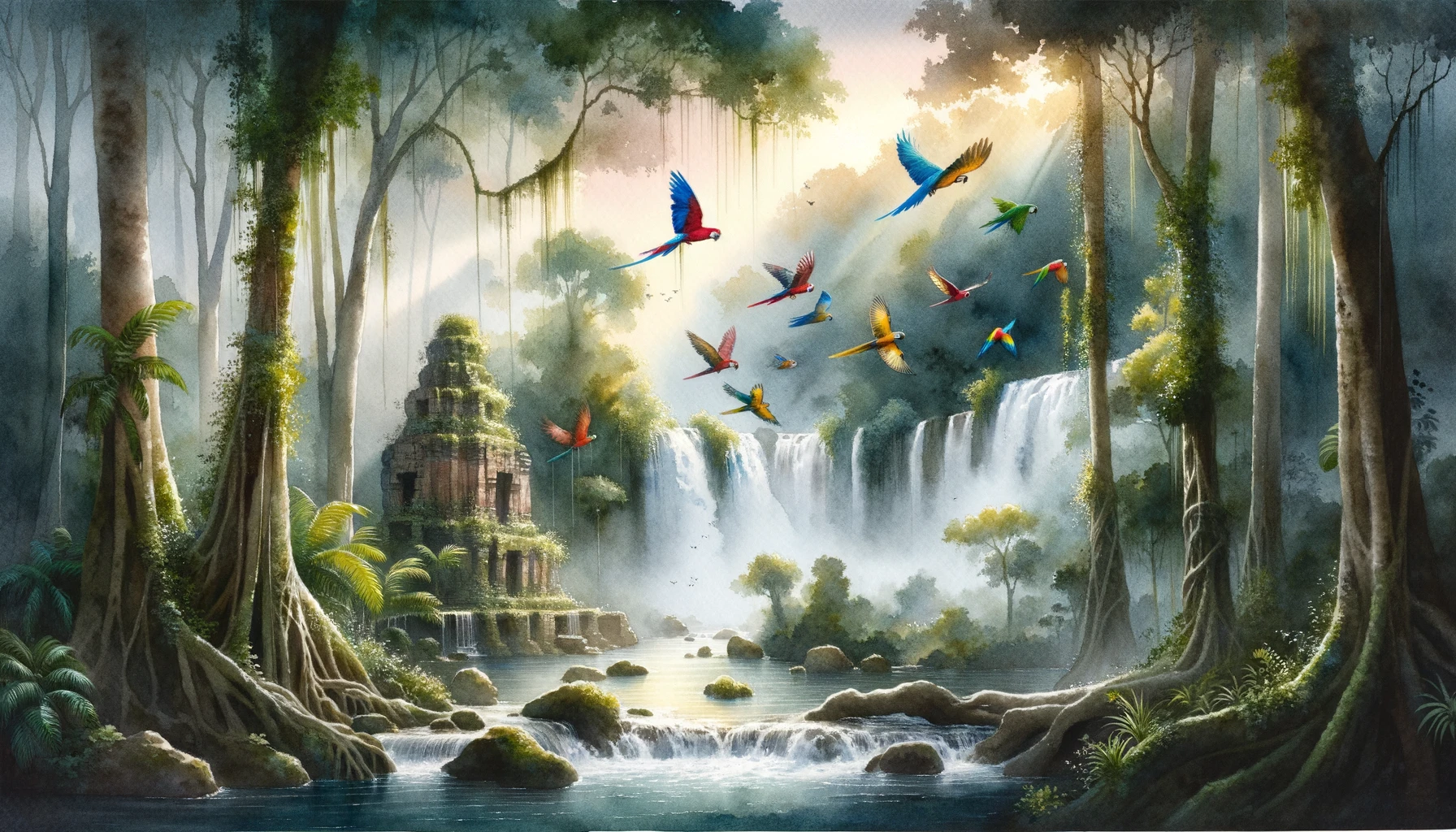 Watercolor painting of a tranquil rainforest scene at dawn. The atmosphere is misty, with light filtering through the trees. Parrots of various colors, like blue, gold, and scarlet, take flight, adding life to the scene. Below, waterfalls create white streaks as they plunge into ponds. Not far from a waterfall, the ruins of an old temple emerge from the jungle, covered in moss and vines.