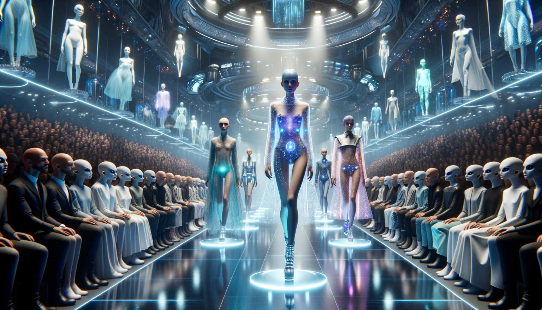 Photo of a fashion runway set in a futuristic world. Models, with confident strides, showcase cutting-edge attire made of pure light, interactive holograms, and eco-friendly materials. The designs play with luminescence, transparency, and texture, representing the pinnacle of future fashion. Watching intently are an audience made up of diverse humanoid aliens, their features and attire hinting at their extraterrestrial origins. Their expressions range from curiosity to admiration, reflecting their appreciation for the fashion on display.