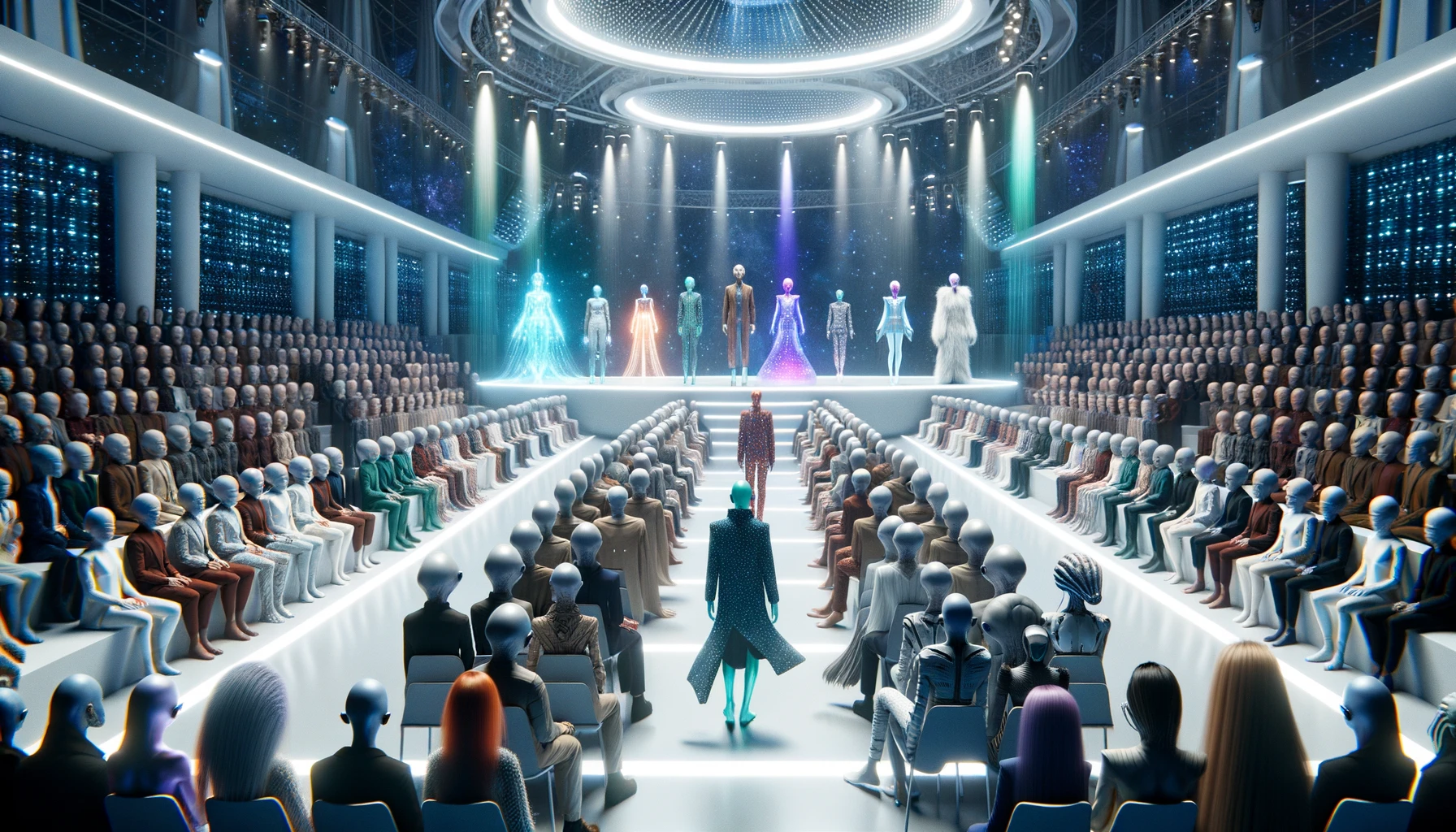 Digital render of a fashion event in a future where creativity knows no bounds. Models, each with their unique style, parade down the runway wearing clothes that are a blend of light, holography, and sustainable materials. These outfits are not just garments but wearable art, reflecting the technological advancements of the age. The seats are filled with humanoid aliens, each species with its distinct characteristics. They engage, discuss, and applaud, showcasing a universe where fashion is a universal language.