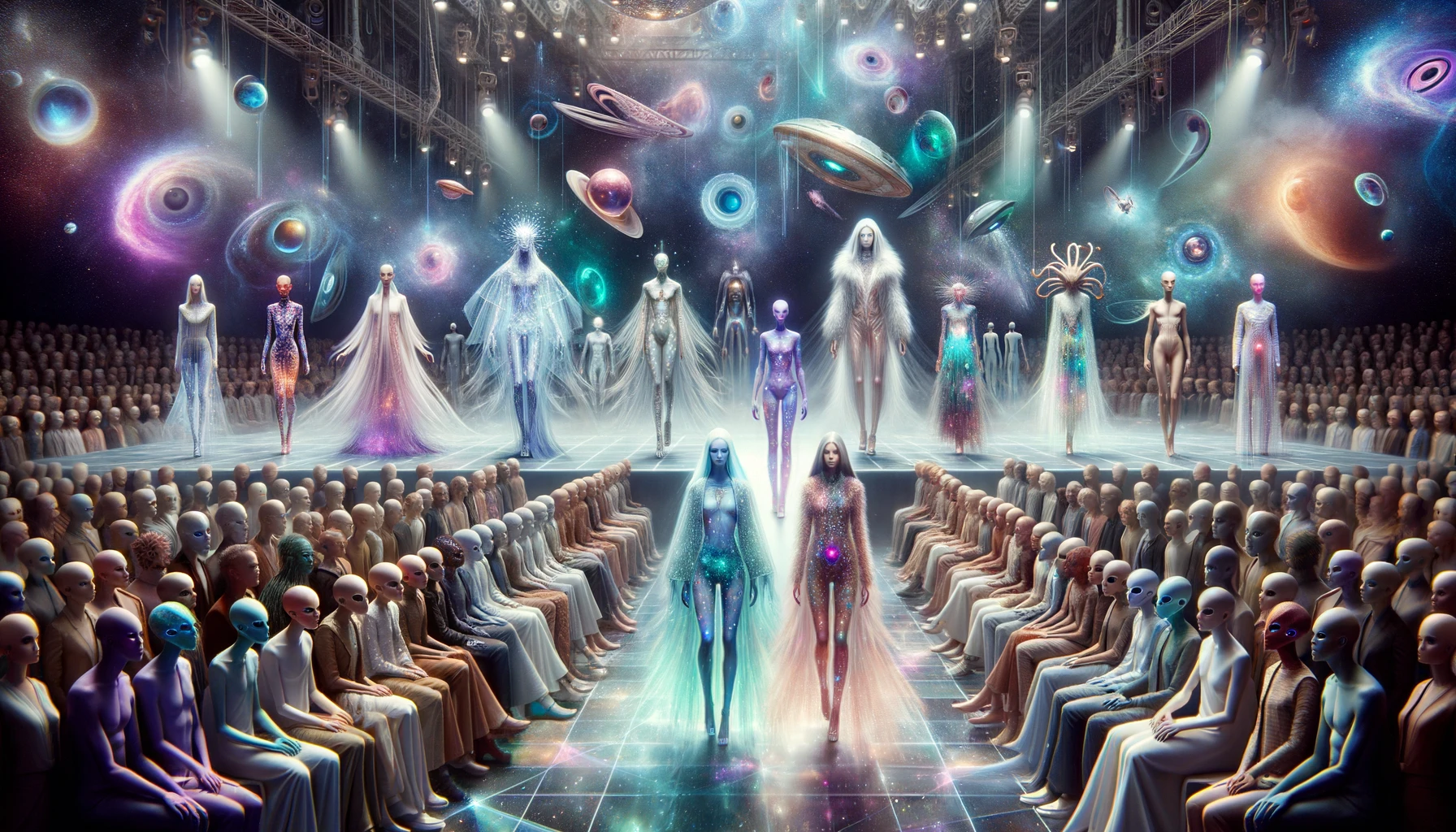 Artistic depiction of a runway show that redefines fashion. Models, representing the diversity of the future, wear outfits that are a blend of ethereal light, dynamic holograms, and eco-conscious materials. The designs are avant-garde, pushing the boundaries of what is possible in fashion. The audience, made up of various humanoid alien species, watches with rapt attention. Their diverse features, from multiple eyes to unique skin patterns, indicate a gathering of beings from across the cosmos, united by their love for fashion.