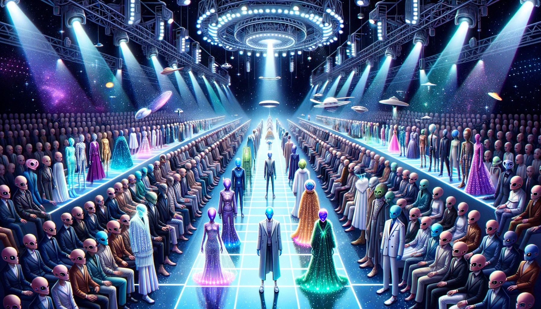 Illustration of a state-of-the-art fashion show. The runway, illuminated by advanced lighting, serves as the stage for models displaying innovative outfits. Some wear garments that seem to be made of beams of light, others have holographic accessories that change and adapt, and yet others wear clothes made of sustainable fabrics. The audience is a spectacle in itself, consisting of humanoid aliens from various galaxies. Their diverse skin tones, eye configurations, and attire make it clear that this is a truly intergalactic event.