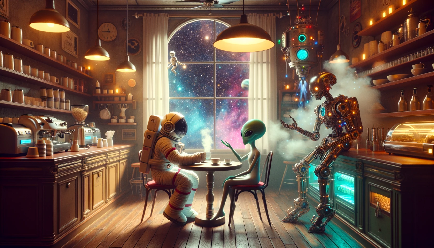 Photo of a quaint space cafe, its ambiance warm and inviting. At a table near the window, which offers a view of the stars, a human astronaut and a friendly alien engage in a relaxed conversation. They share a cup of cosmic tea, its contents shimmering with colors not seen on Earth. In the background, a robot barista, equipped with multiple arms and advanced tools, expertly prepares a variety of drinks, steam and lights emanating from the coffee machines.
