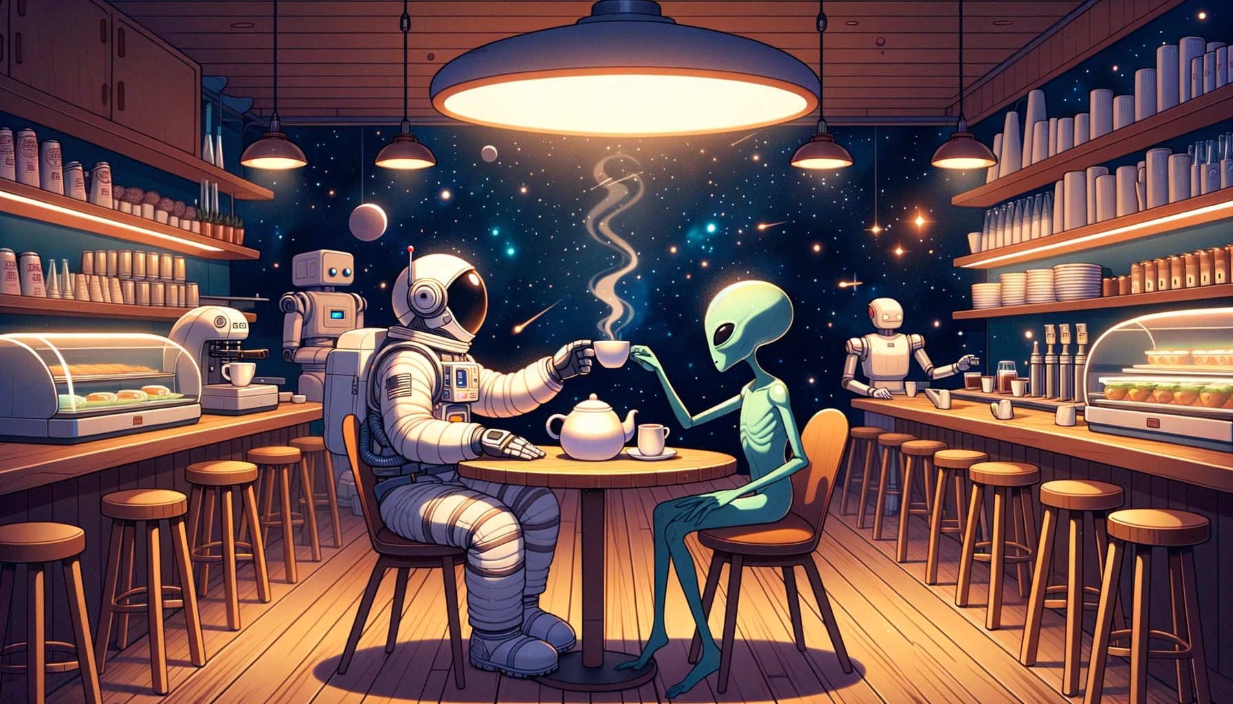 Illustration of a serene moment inside a cafe located somewhere in the cosmos. Wooden tables and soft lighting give the place a cozy feel. A human astronaut, in a casual space suit, shares tea with a friendly alien, its appearance unique yet amiable. The tea they sip on has a luminescent quality, glowing softly. Meanwhile, a robot barista, its design sleek and efficient, is busy brewing drinks, with futuristic machines whirring and beeping in harmony.