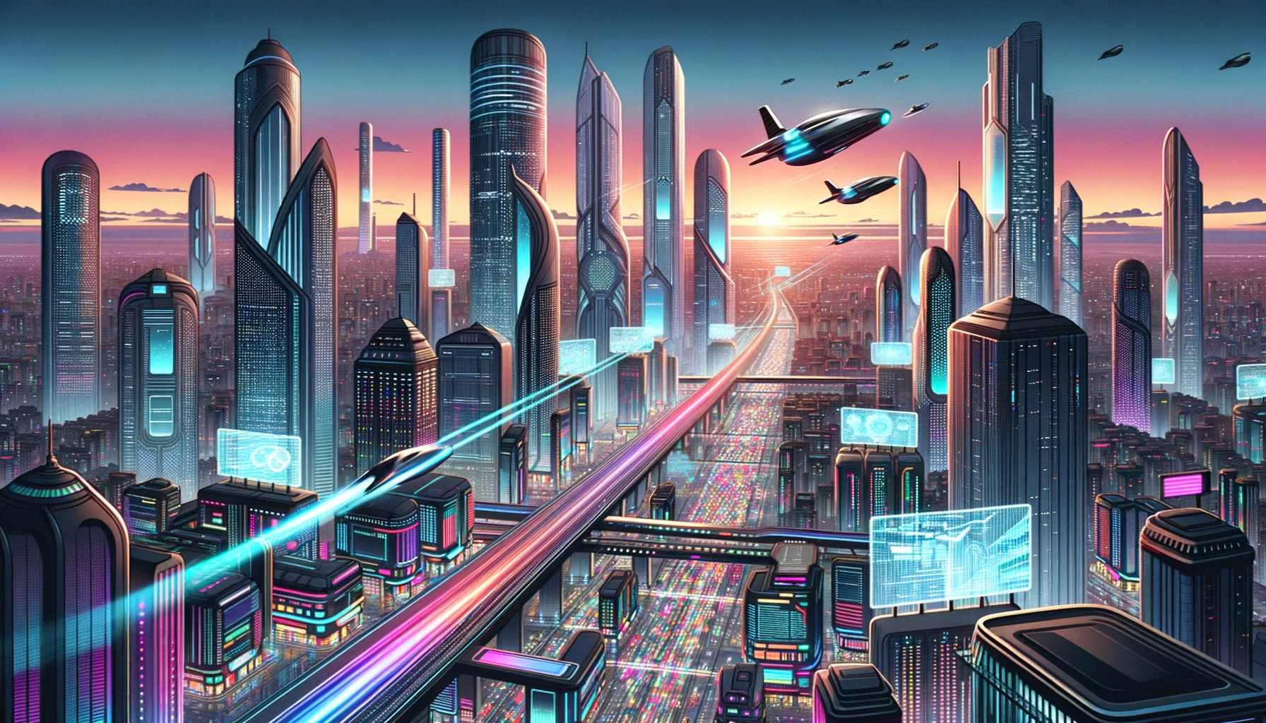 Illustration of a city of the future during twilight. The horizon is dominated by tall skyscrapers with a metallic sheen and large glass facades. Flying vehicles, resembling futuristic cars, navigate between the buildings, leaving streaks of light in their wake. Above, large holographic billboards project colorful images and animations, casting a neon glow over the cityscape.