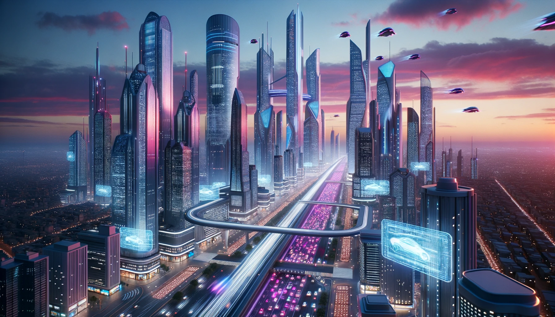 Render of a metropolis in a future setting. The evening sky is painted with shades of pink and indigo. Skyscrapers, built with advanced materials like chrome, reach for the heavens. Traffic is not just limited to the ground; flying cars traverse the airspace, their lights creating dynamic patterns. Adding to the ambiance, holographic displays showcase various advertisements, making the city feel alive and vibrant.