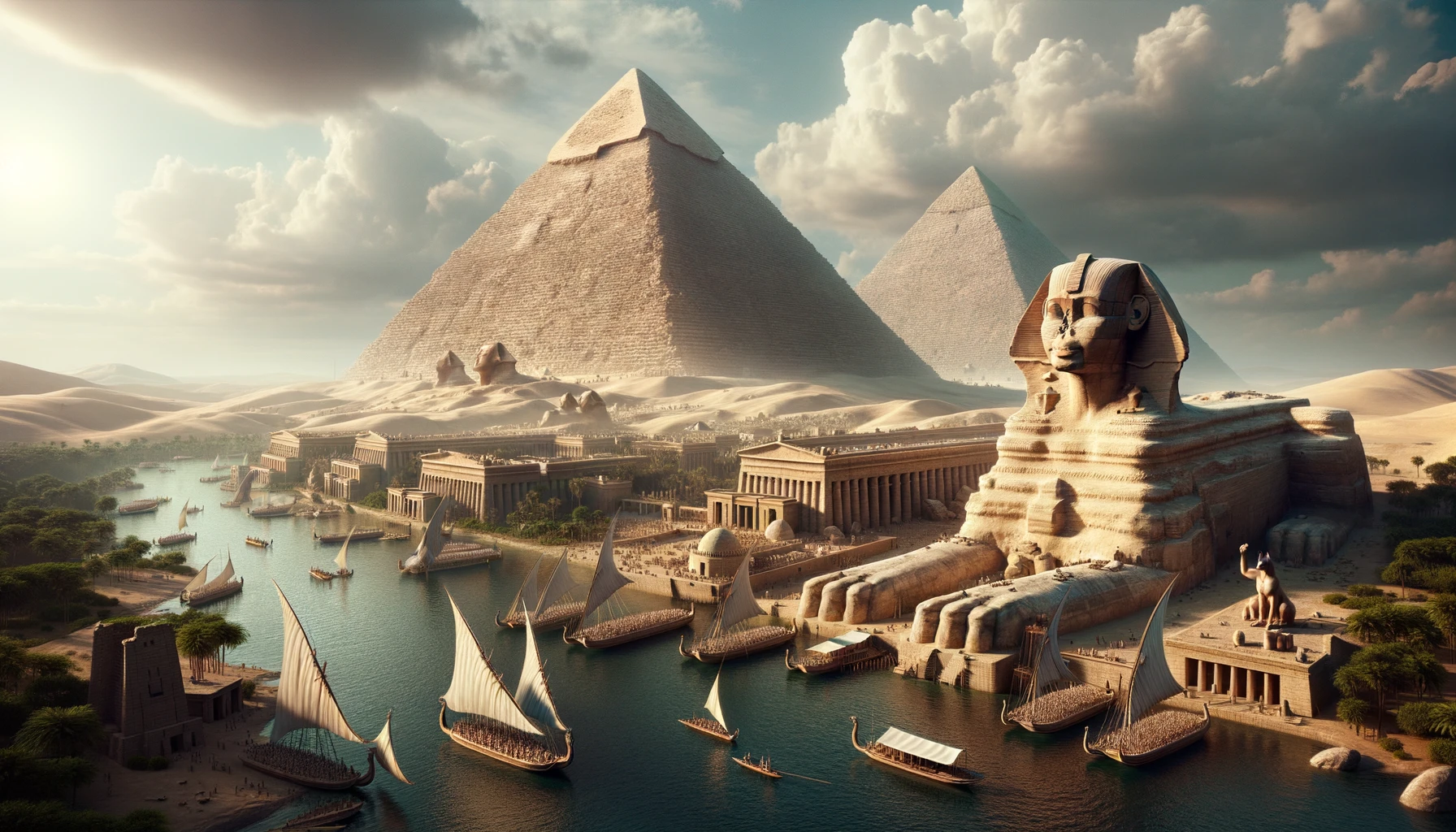 Digital render of ancient Egypt in its prime. The pyramids, with their limestone-clad exteriors, glisten in the sunlight. Adjacent to them, a majestic sphinx, intricately carved, seems to tell tales of bygone eras. The Nile River, a source of sustenance and trade, flows gracefully, its waters sparkling. Boats of various sizes, laden with goods like pottery and grains, navigate the river, showcasing the bustling trade activities of the time.