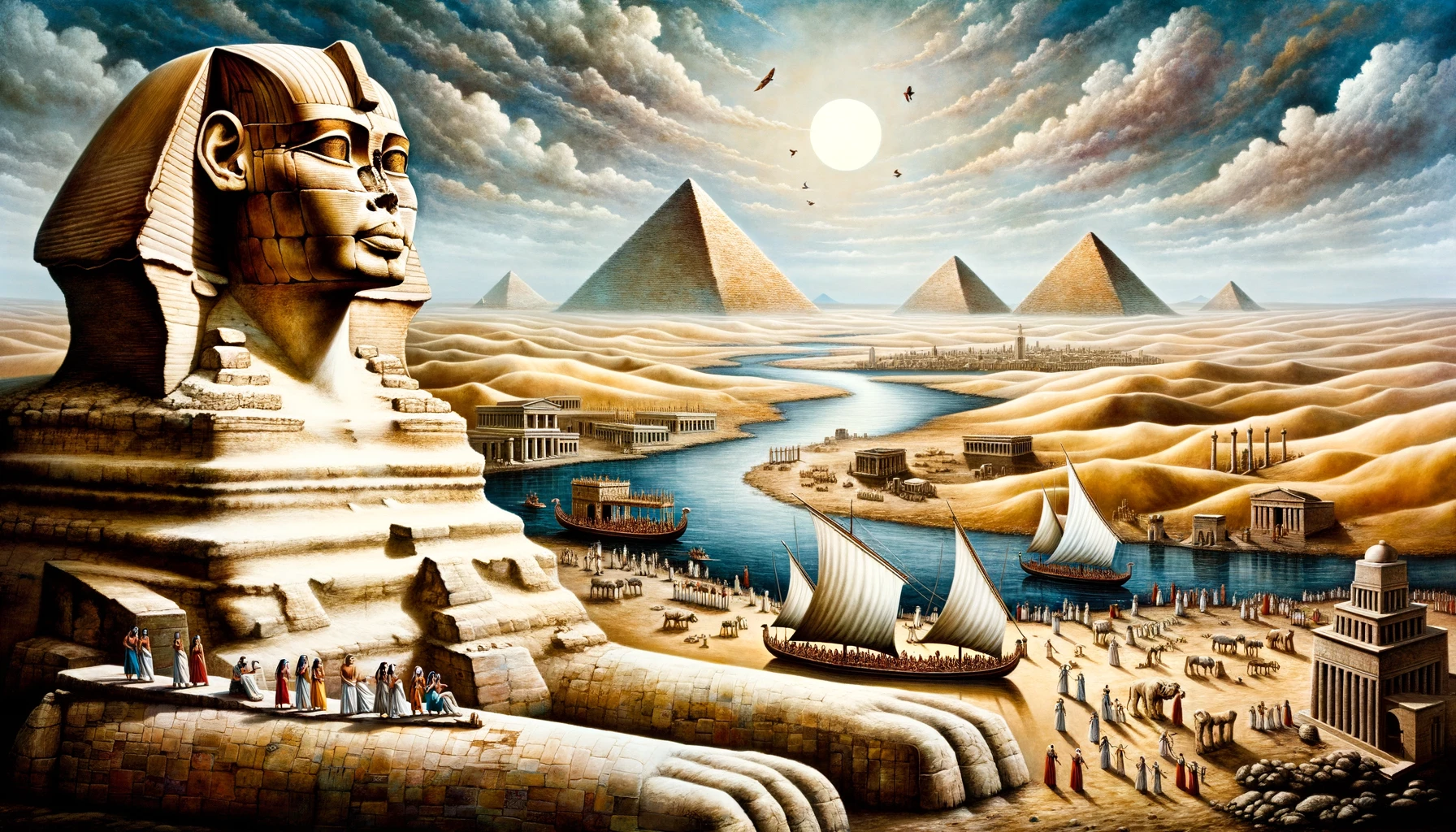 Artistic depiction of a day in ancient Egypt. The vast desert provides a contrasting backdrop to the magnificent pyramids, which stand tall and proud. Nearby, a detailed sphinx, with eyes that seem to have seen centuries, guards the entrance to the sacred lands. The Nile, wide and meandering, adds a touch of blue to the sandy palette. Merchants on boats, with goods stacked high, engage in lively trade, representing the commerce of the era.