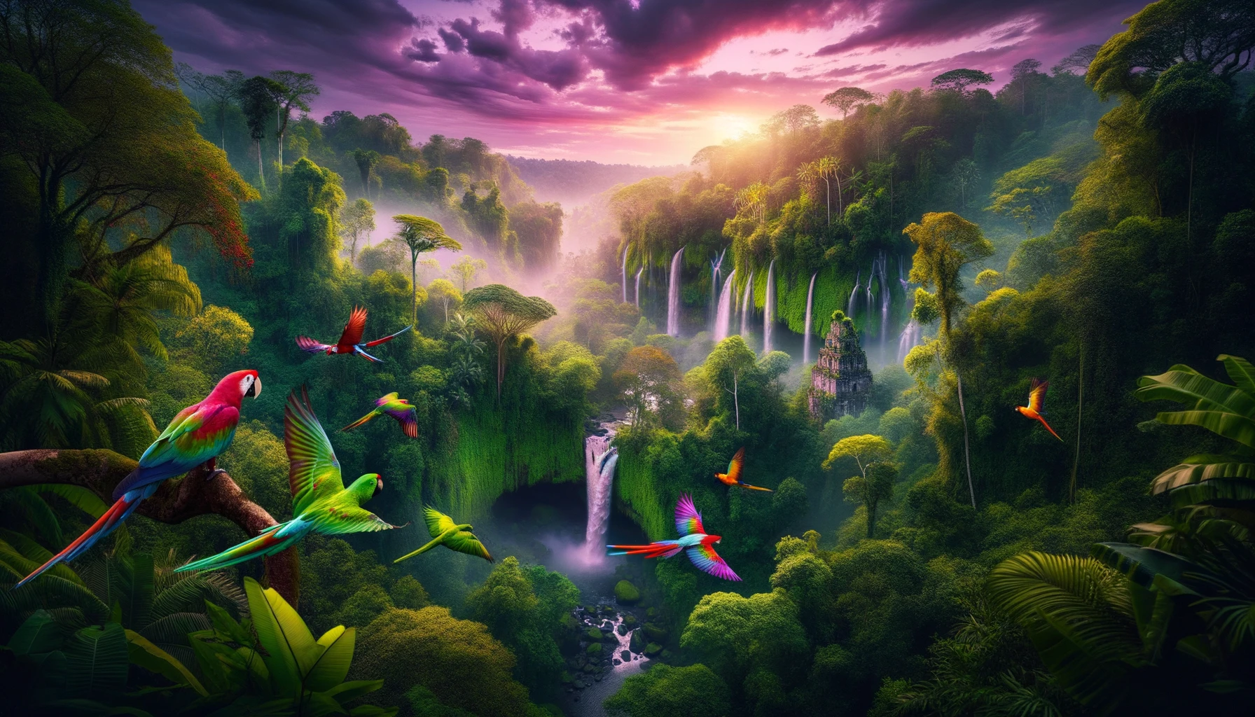 Photo of a lush rainforest at dawn. The sky is painted with hues of purple and pink. Vibrant parrots, with red, green, and yellow feathers, fly across the scene. Multiple cascading waterfalls can be seen, their waters shimmering in the morning light. Amidst the thick green foliage, an ancient stone temple is partially visible, hinting at mysteries untold.