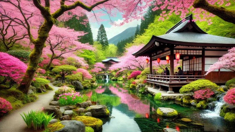 桜咲く日本庭園の風景と赤い橋：Cherry Blossom Japanese Garden 