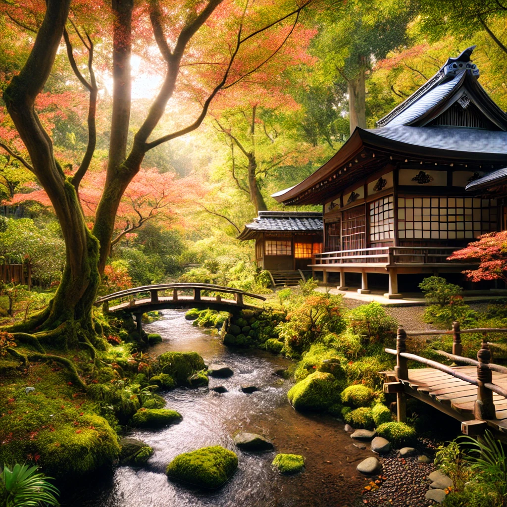 桜満開の伝統庭園：Traditional garden image with cherry blossoms in full bloom 